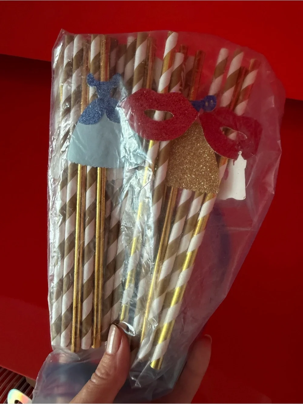 🗽Party Paper Straws with Glitter Dress & Mask Decorations - White and Gold